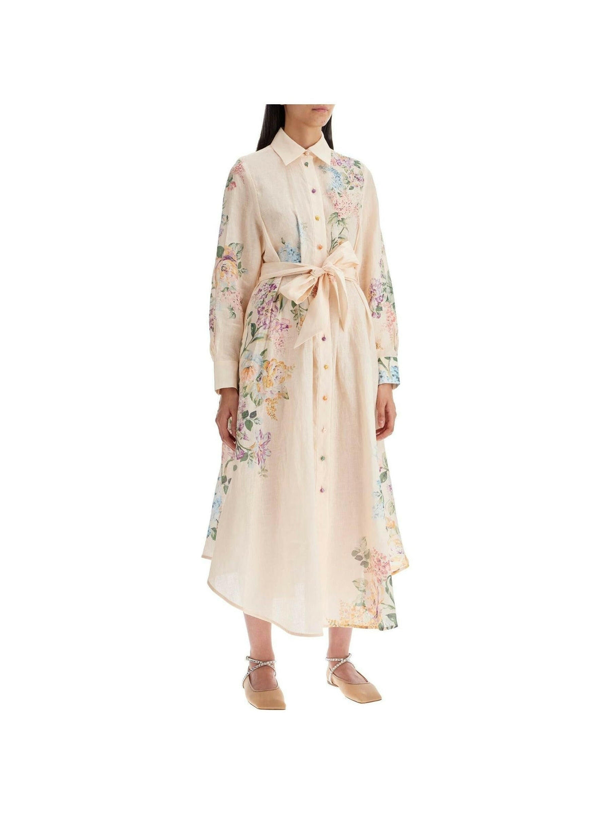 ZIMMERMANN-Linen Floral Halliday Midi Shirt Dress-JOHN JULIA