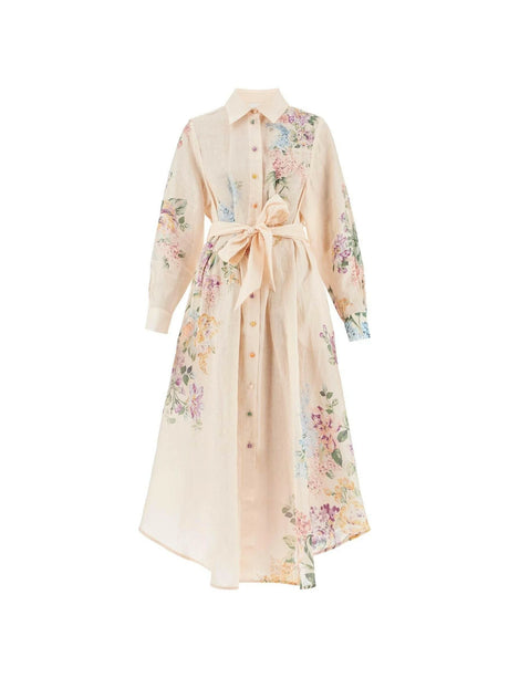 ZIMMERMANN-Linen Floral Halliday Midi Shirt Dress-JOHN JULIA