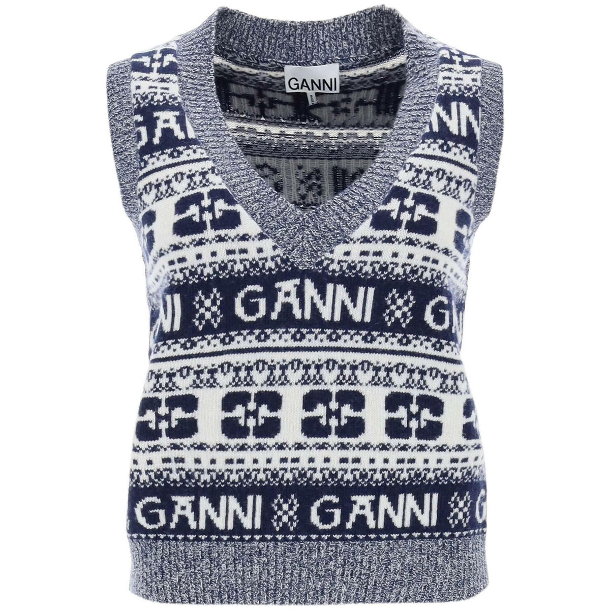 Ganni Jacquard Wool Vest With Logo Pattern - JOHN JULIA