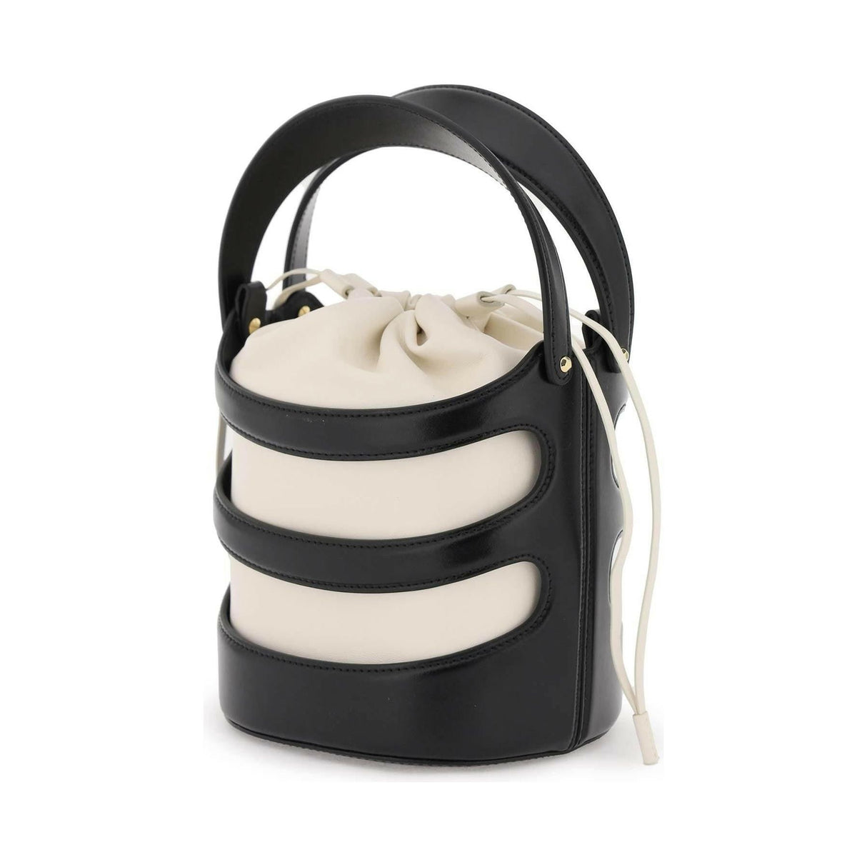 Black and Ivory Rise Leather Bucket Bag ALEXANDER MCQUEEN JOHN JULIA.