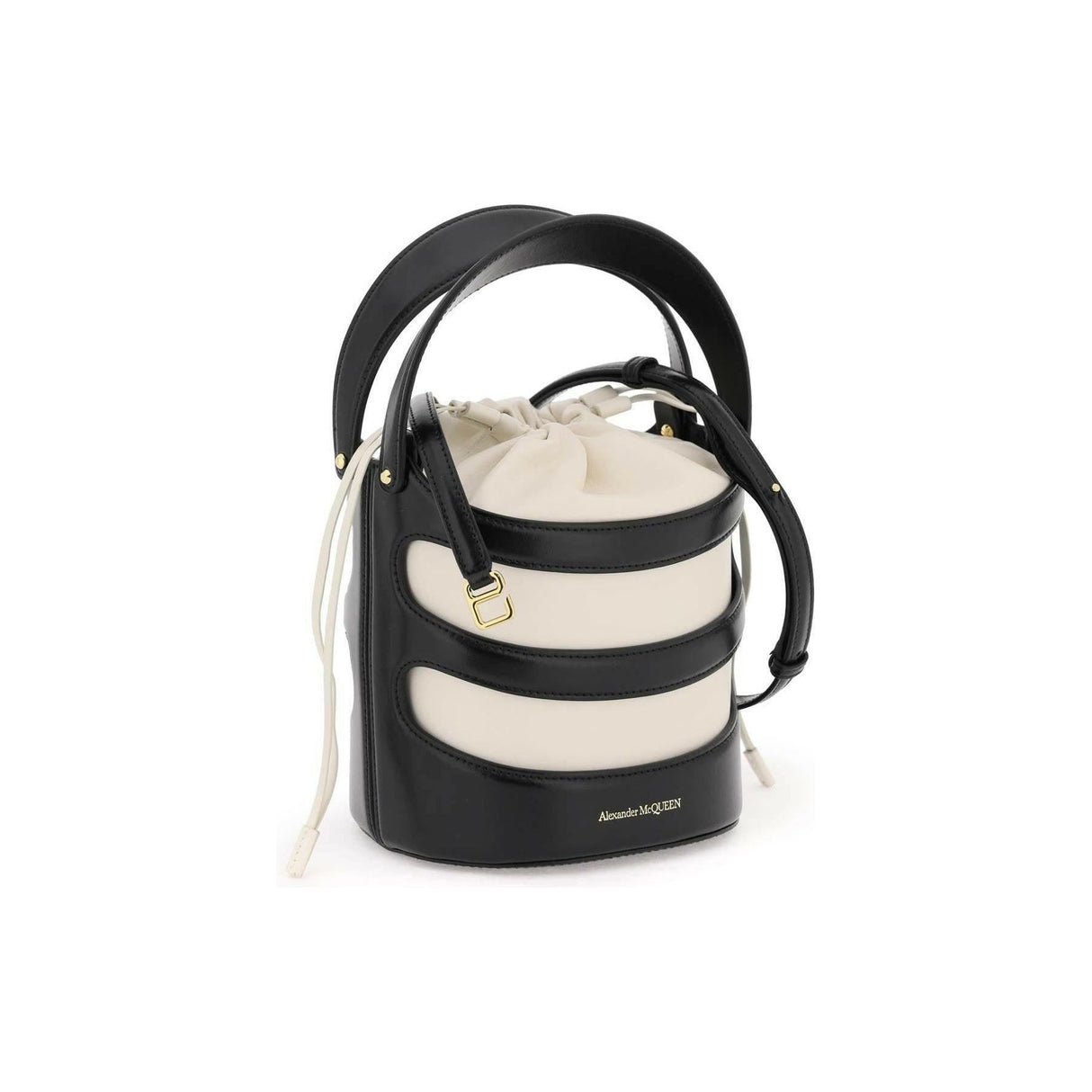 Black and Ivory Rise Leather Bucket Bag ALEXANDER MCQUEEN JOHN JULIA.