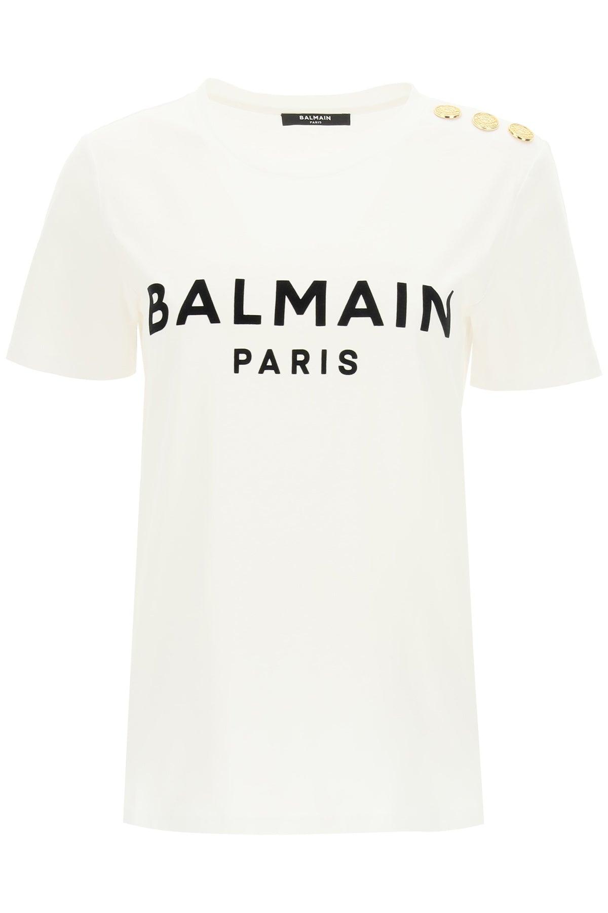 Balmain T Shirt With Logo Print And Embossed Buttons - JOHN JULIA