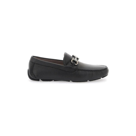 Black Gancini Leather Driver Loafers (double-wide) FERRAGAMO JOHN JULIA.