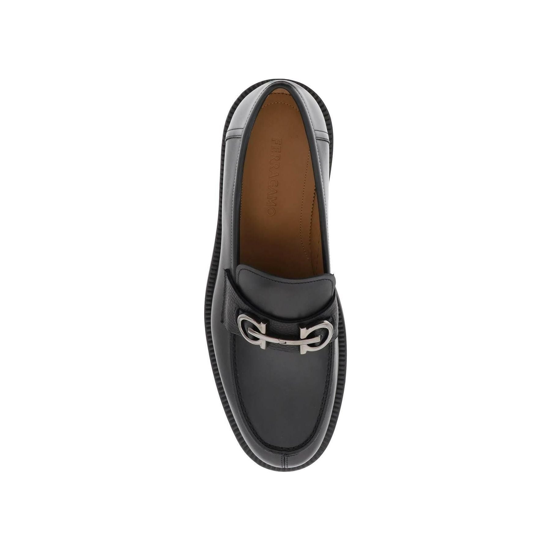 Black Gancini Leather Loafers (Triple Wide) FERRAGAMO JOHN JULIA.