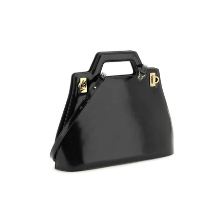 Black 'Wanda' Top Handle Calfskin Handbag FERRAGAMO JOHN JULIA.