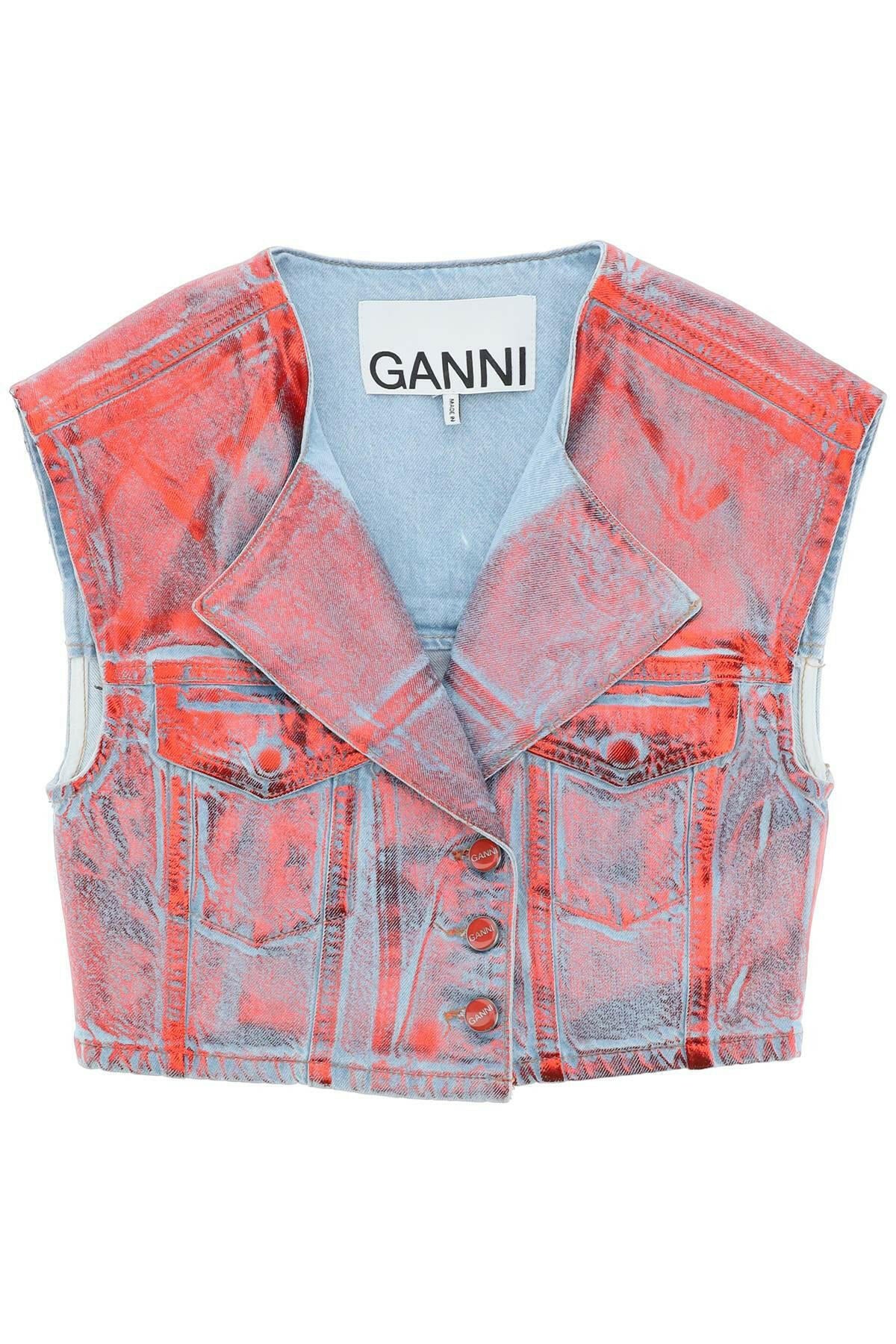 Ganni Cropped Vest In Laminated Denim - JOHN JULIA