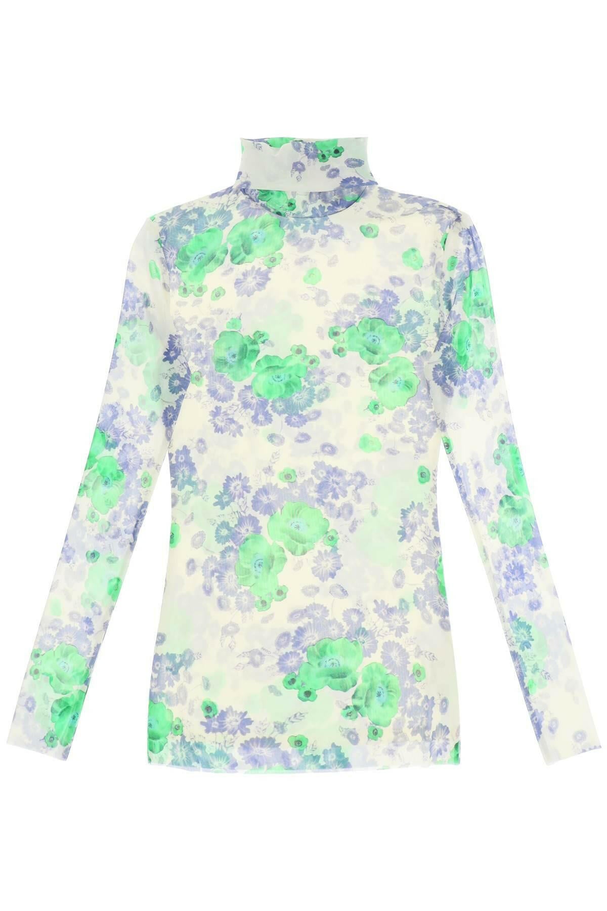 Ganni Long Sleeved Top In Mesh With Floral Pattern - JOHN JULIA