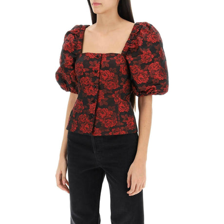 Recycled Black & Red Botanical Jacquard Blouse GANNI JOHN JULIA.