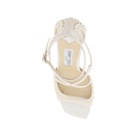 White 'Azia 95' Satin All-Over Pearls Sandals JIMMY CHOO JOHN JULIA.