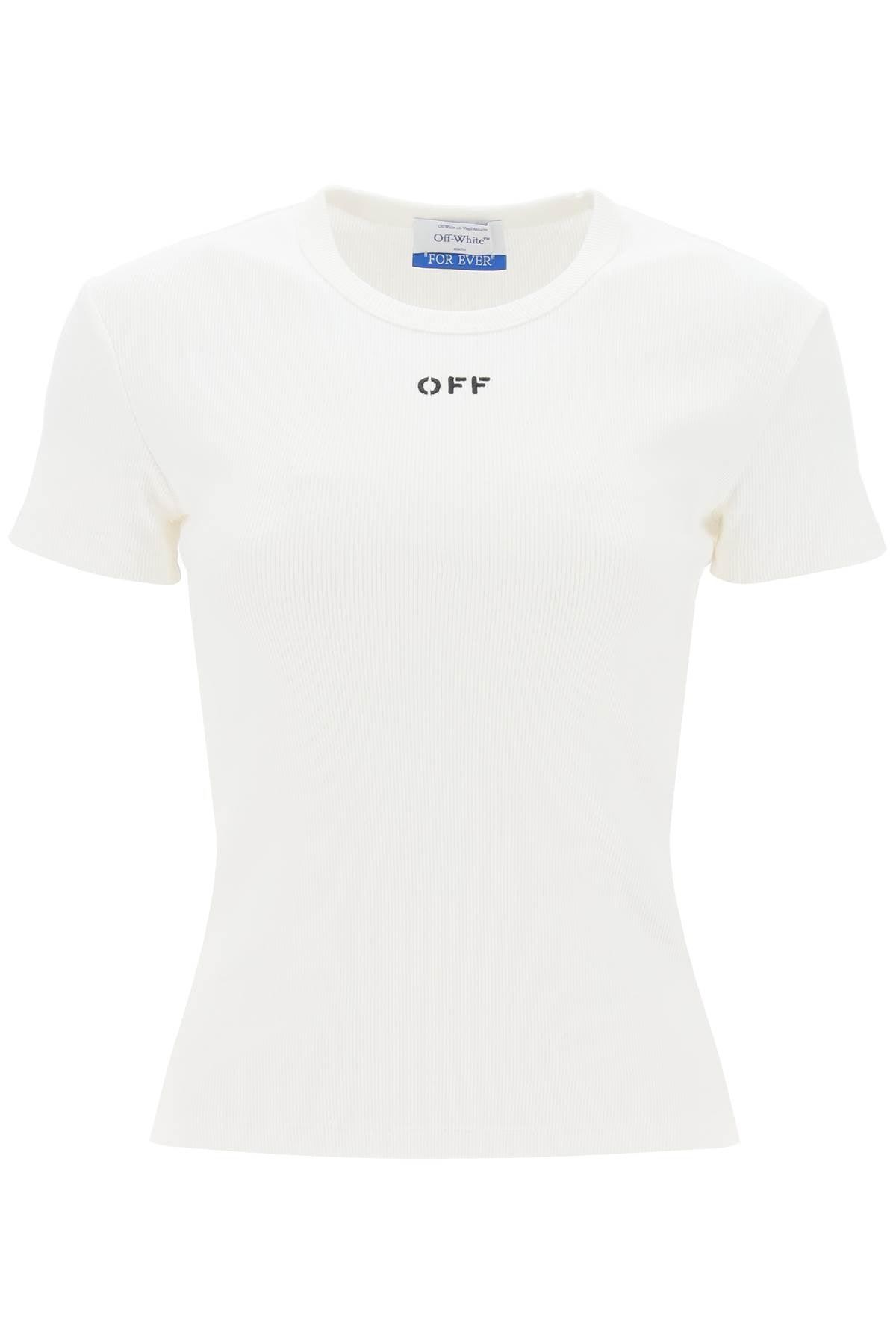Off White Ribbed T Shirt With Off Embroidery - JOHN JULIA
