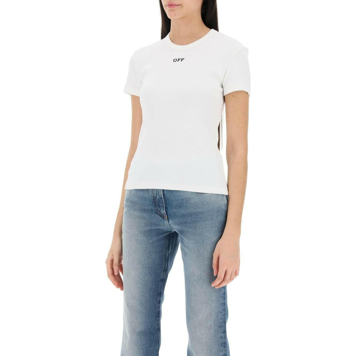 Off White Ribbed T Shirt With Off Embroidery - JOHN JULIA