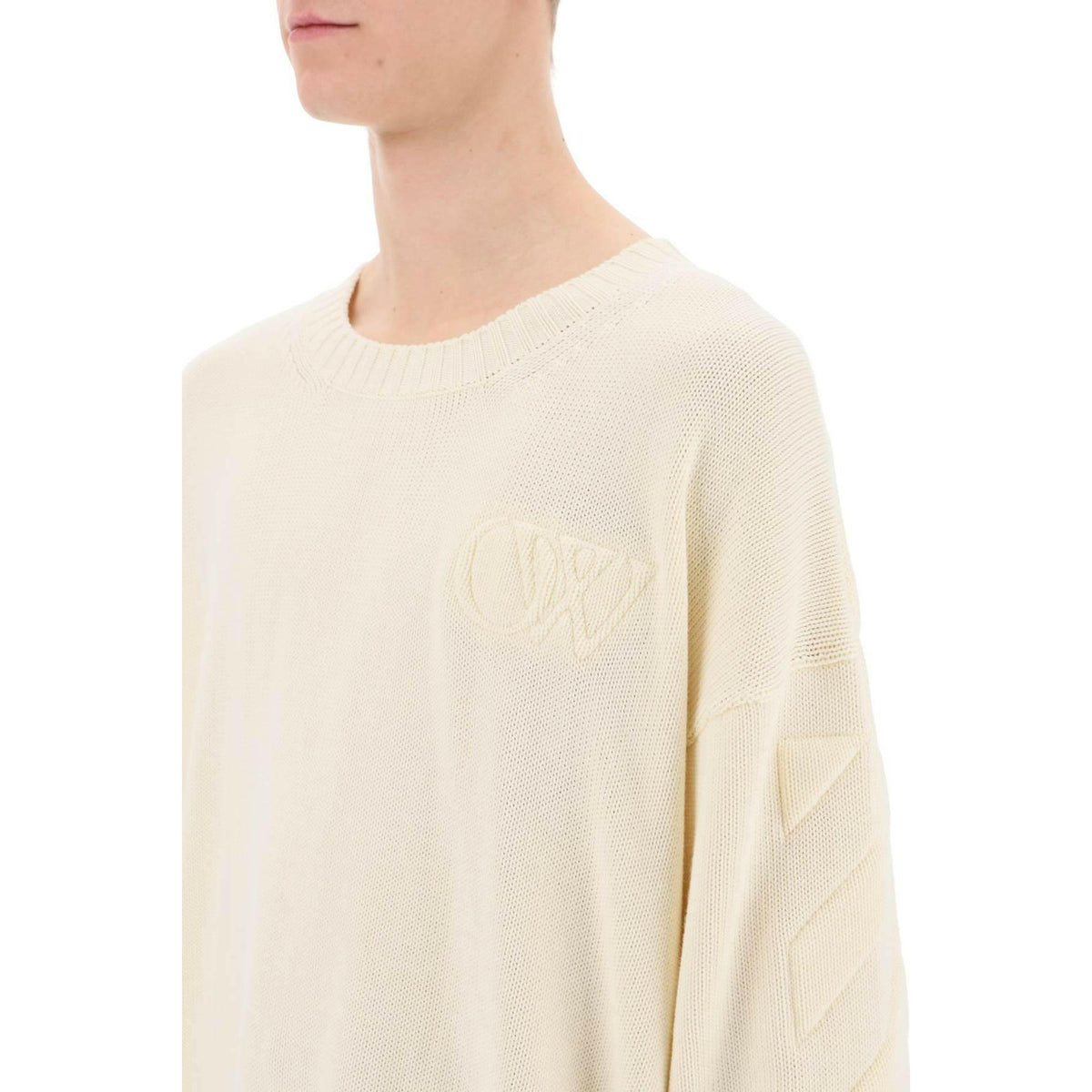 Off White Sweater With Embossed Diagonal Motif - JOHN JULIA