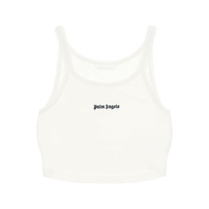 White Embroidered Logo Cotton Pique Crop Top PALM ANGELS JOHN JULIA.