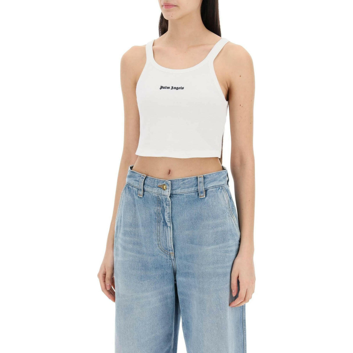 White Embroidered Logo Cotton Pique Crop Top PALM ANGELS JOHN JULIA.