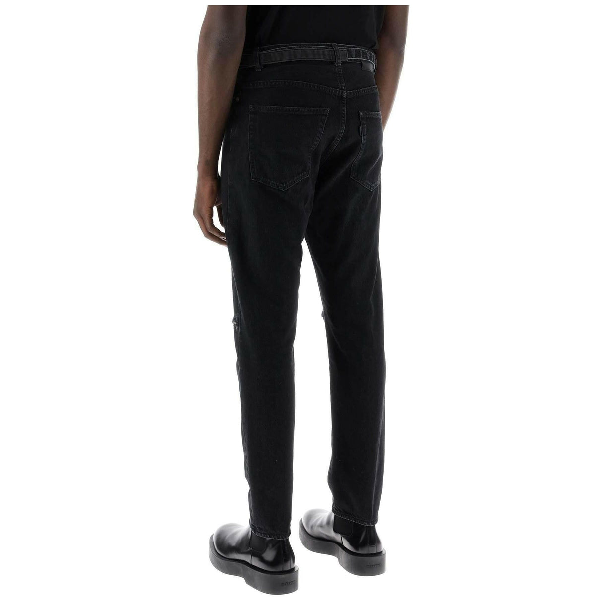 Slim Black Washed Cotton Slim-Fit Belted Jeans SACAI JOHN JULIA.