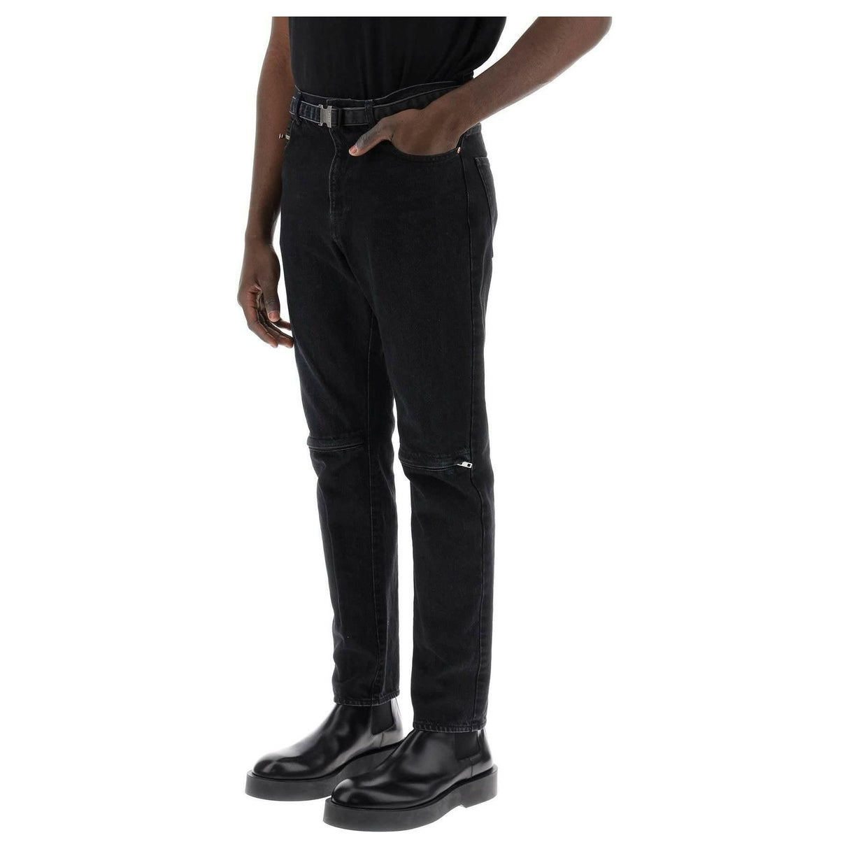 Slim Black Washed Cotton Slim-Fit Belted Jeans SACAI JOHN JULIA.