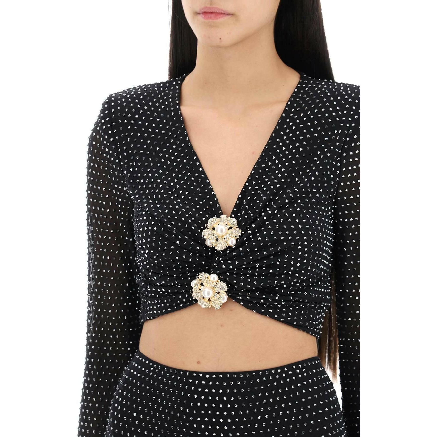Rhinestone Studded Cropped Top With Diamanté Brooches SELF PORTRAIT JOHN JULIA.