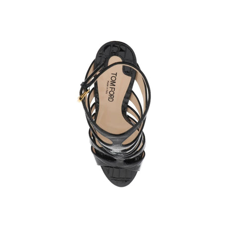 Black Stamped Crocodile Embossed Leather Carine Sandals TOM FORD JOHN JULIA.