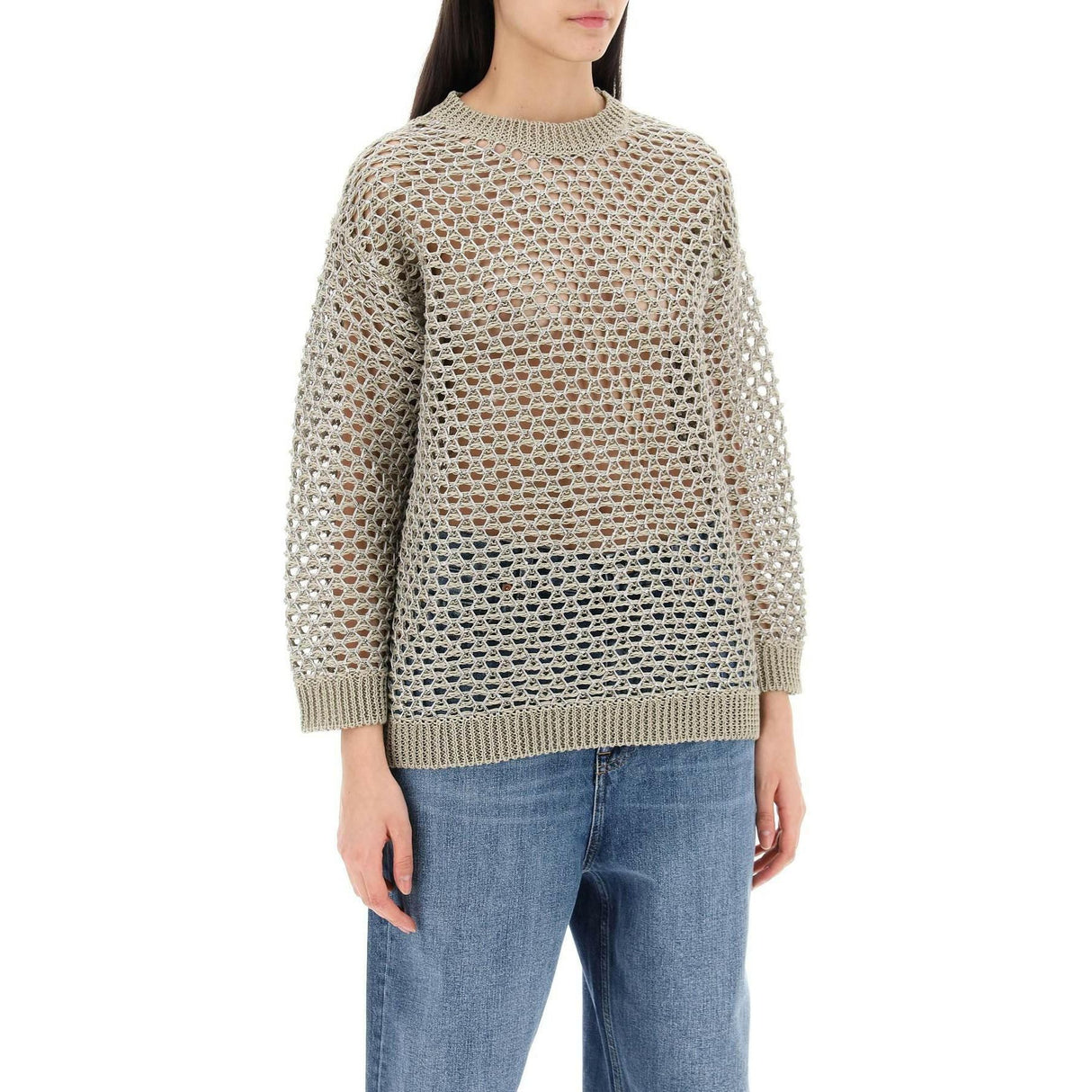 Silver Linen-Blend Mesh Lurex Open Knit Sweater VALENTINO GARAVANI JOHN JULIA.