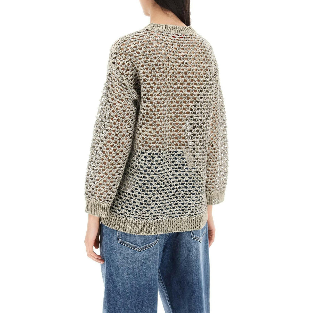 Silver Linen-Blend Mesh Lurex Open Knit Sweater VALENTINO GARAVANI JOHN JULIA.