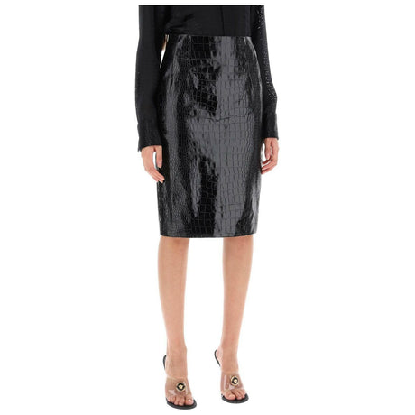 Black Croc-Effect Leather Mini Skirt VERSACE JOHN JULIA.