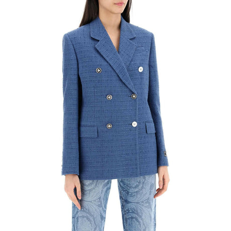 Blue Double-Breasted Tweed Bouclé Blazer VERSACE JOHN JULIA.