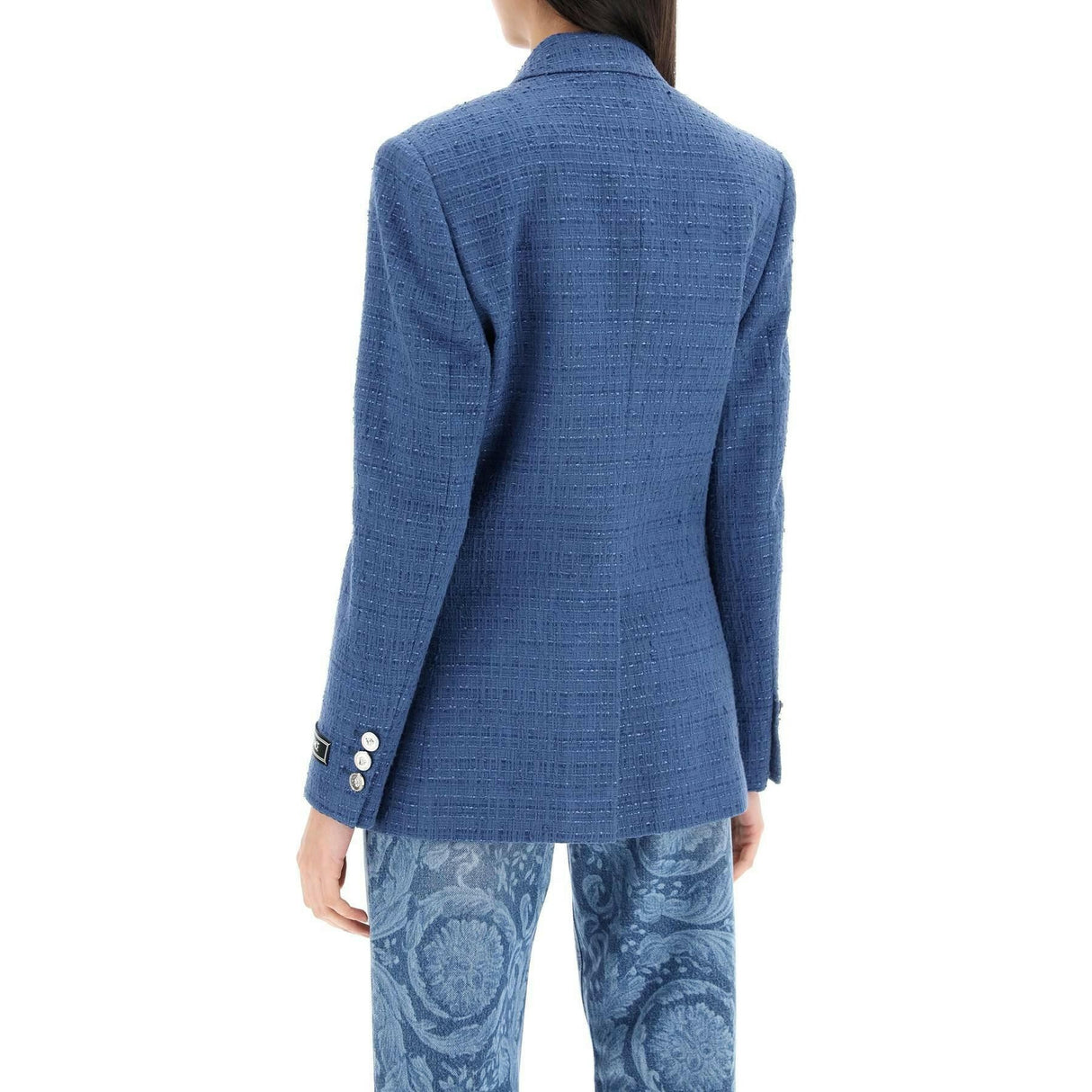 Blue Double-Breasted Tweed Bouclé Blazer VERSACE JOHN JULIA.