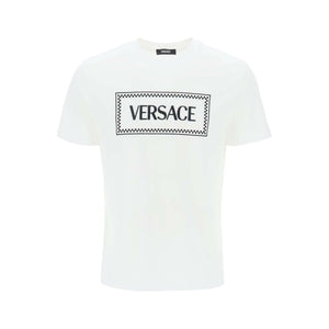 Optical White Embroidered Logo Cotton T-Shirt VERSACE JOHN JULIA.