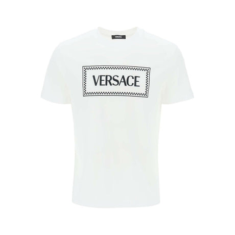 Optical White Embroidered Logo Cotton T-Shirt VERSACE JOHN JULIA.