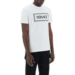 Optical White Embroidered Logo Cotton T-Shirt VERSACE JOHN JULIA.