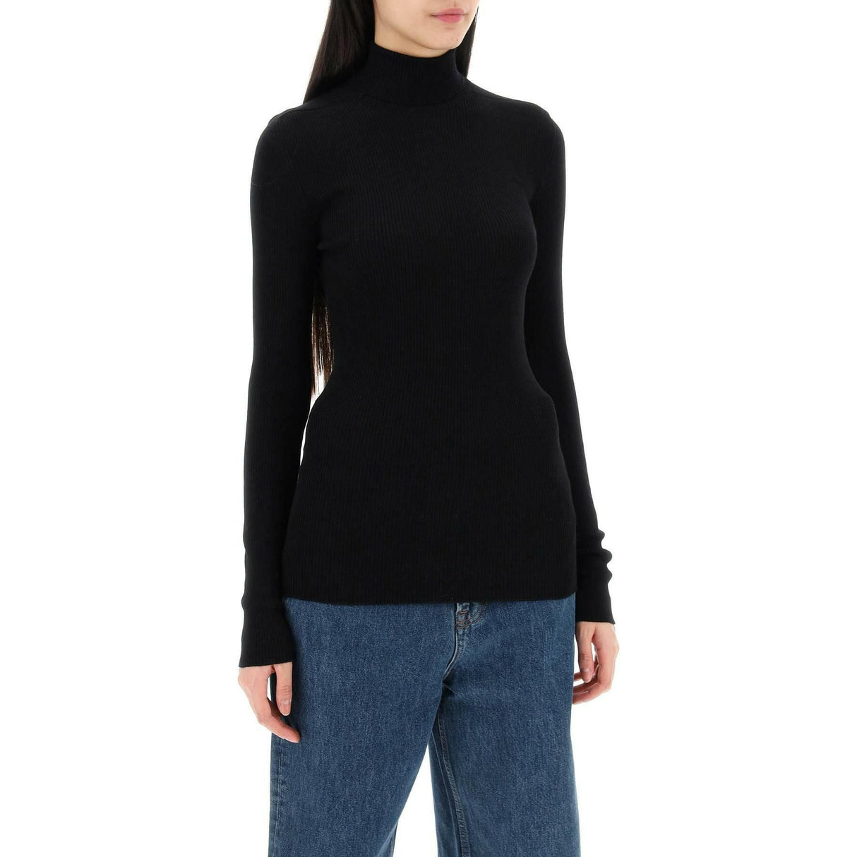 Black Ribbed Wool Turtleneck Sweater WARDROBE.NYC JOHN JULIA.